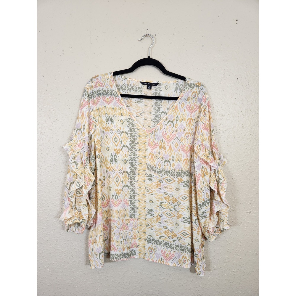 Zac & Rachel Bohemian Blouse Ruffle Sleeve V-Neck Top Multicolor XL‎